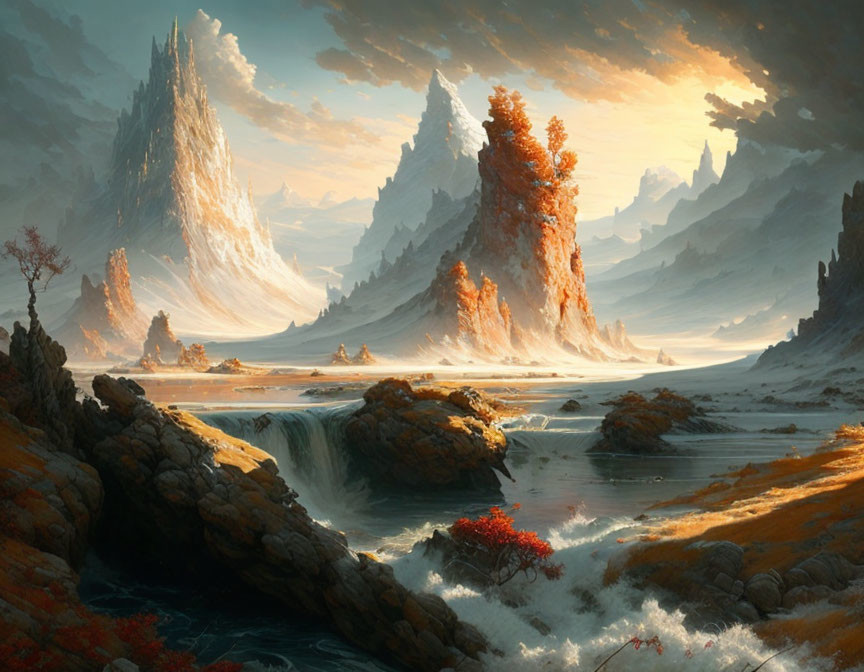 Tranquil fantasy landscape with rocky spires, river, waterfalls, autumnal trees, and