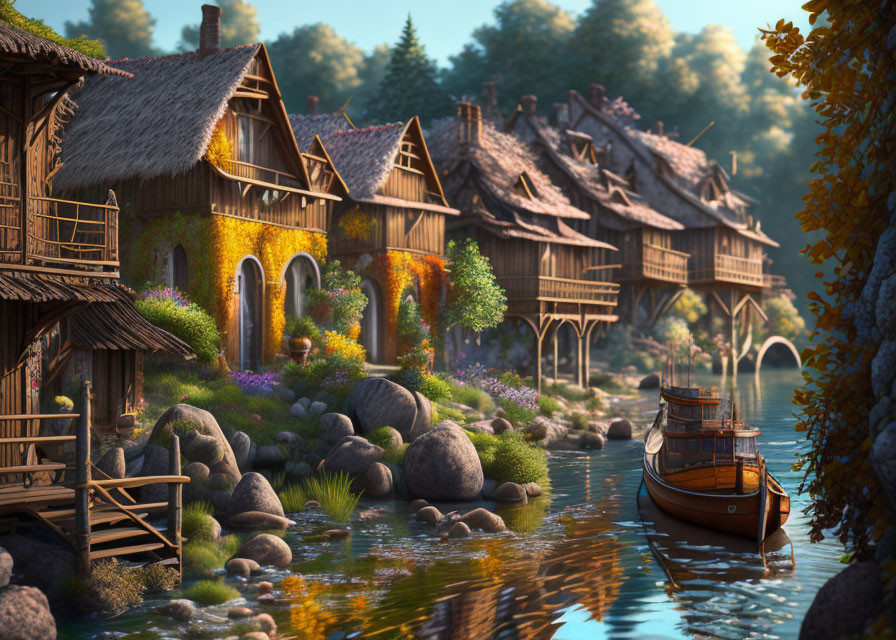 Tranquil riverside scene with thatched-roof houses, vibrant flowers, and wooden boat