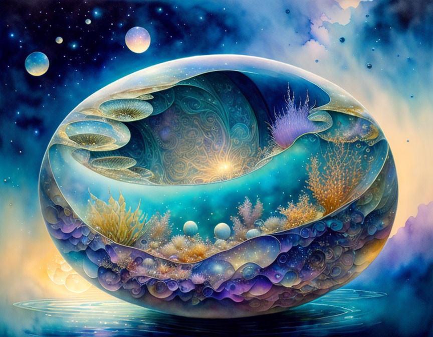 Surreal aquatic scene with marine life and celestial orbs