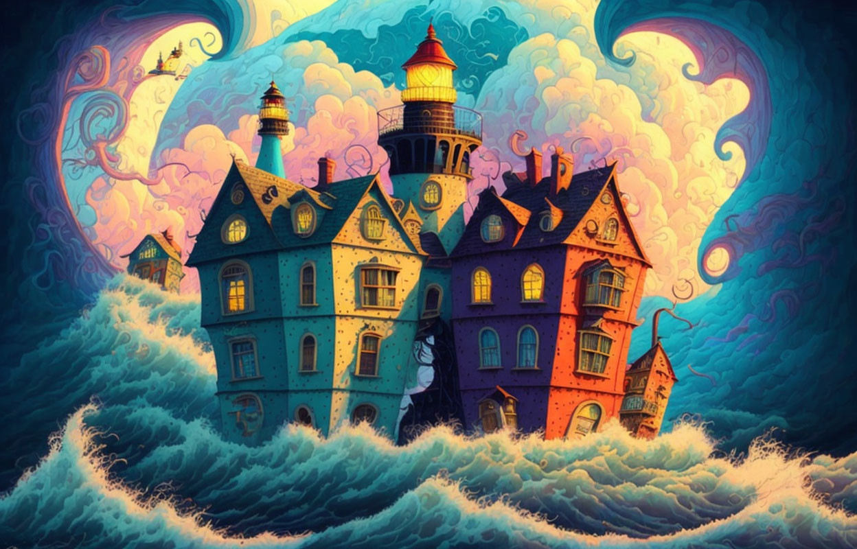 Colorful Victorian-style house with lighthouse, swirling waves, vibrant sky