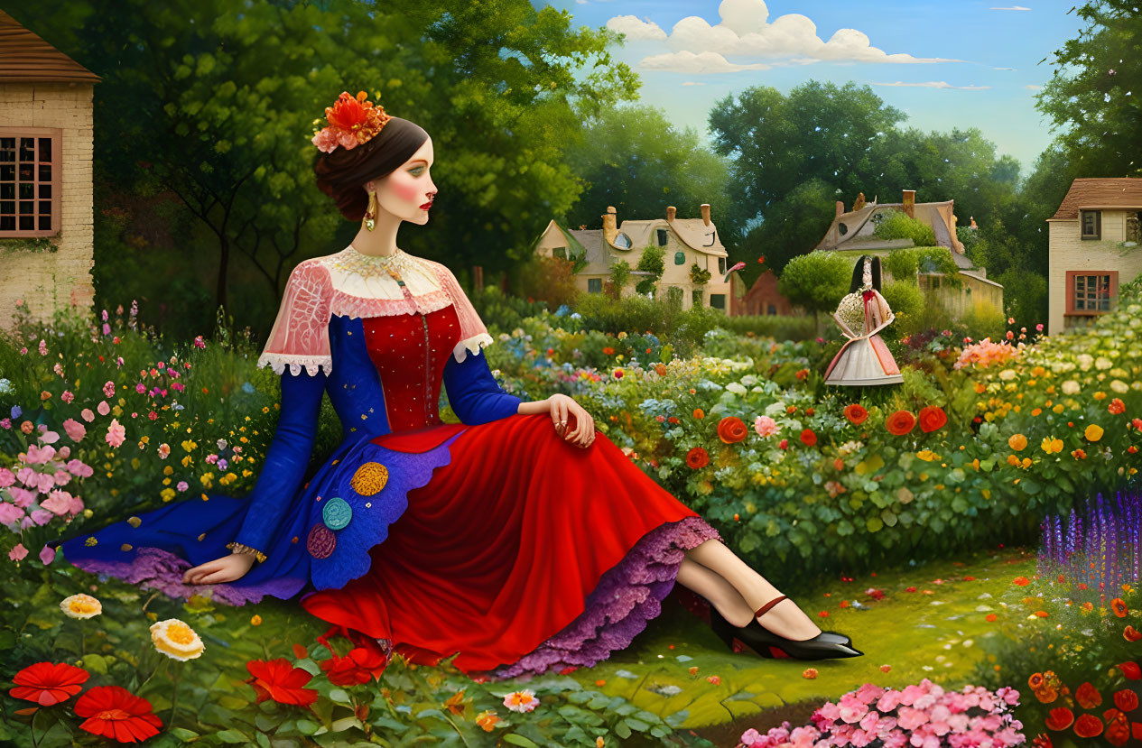 Vivid traditional dress woman in lush garden with blooming flowers