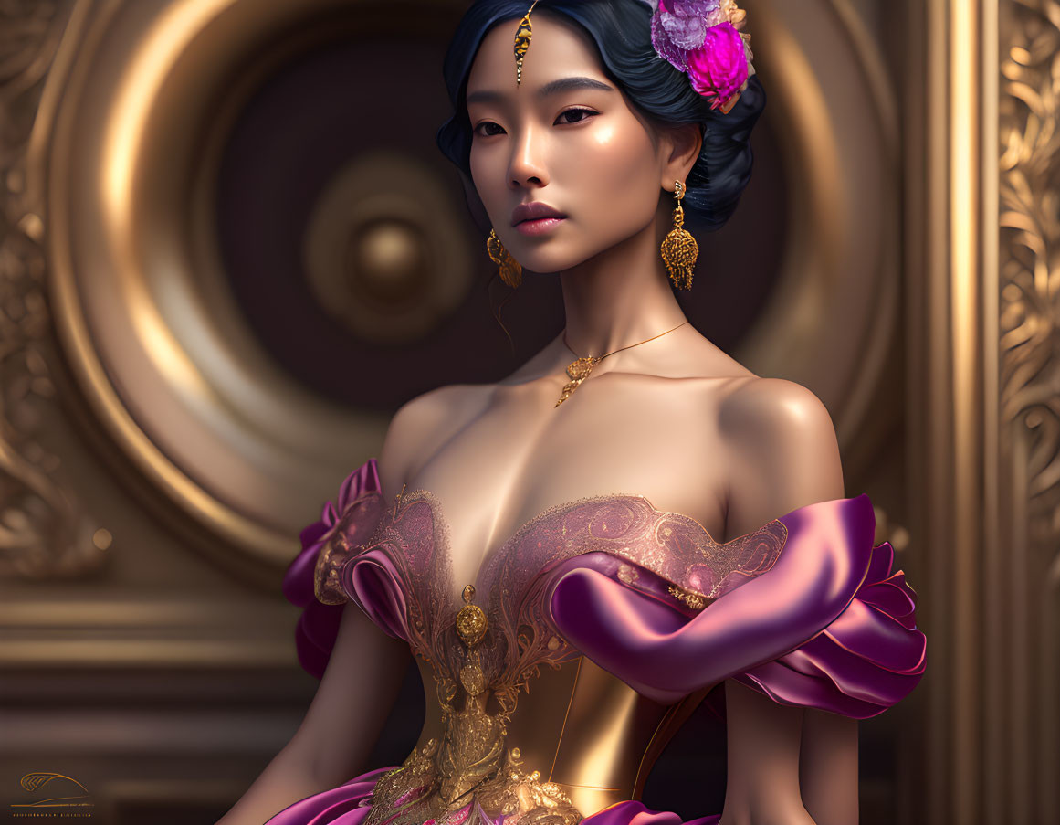 Elegant woman in pink and gold dress with flower in hair on golden swirl backdrop