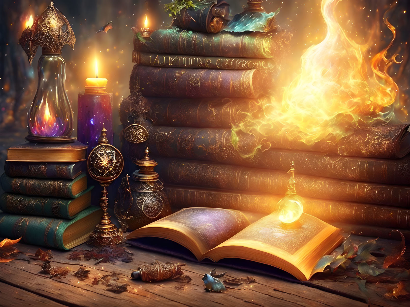 Mystical still life with old books, candle, lamp, scrolls, compass, flames on wooden