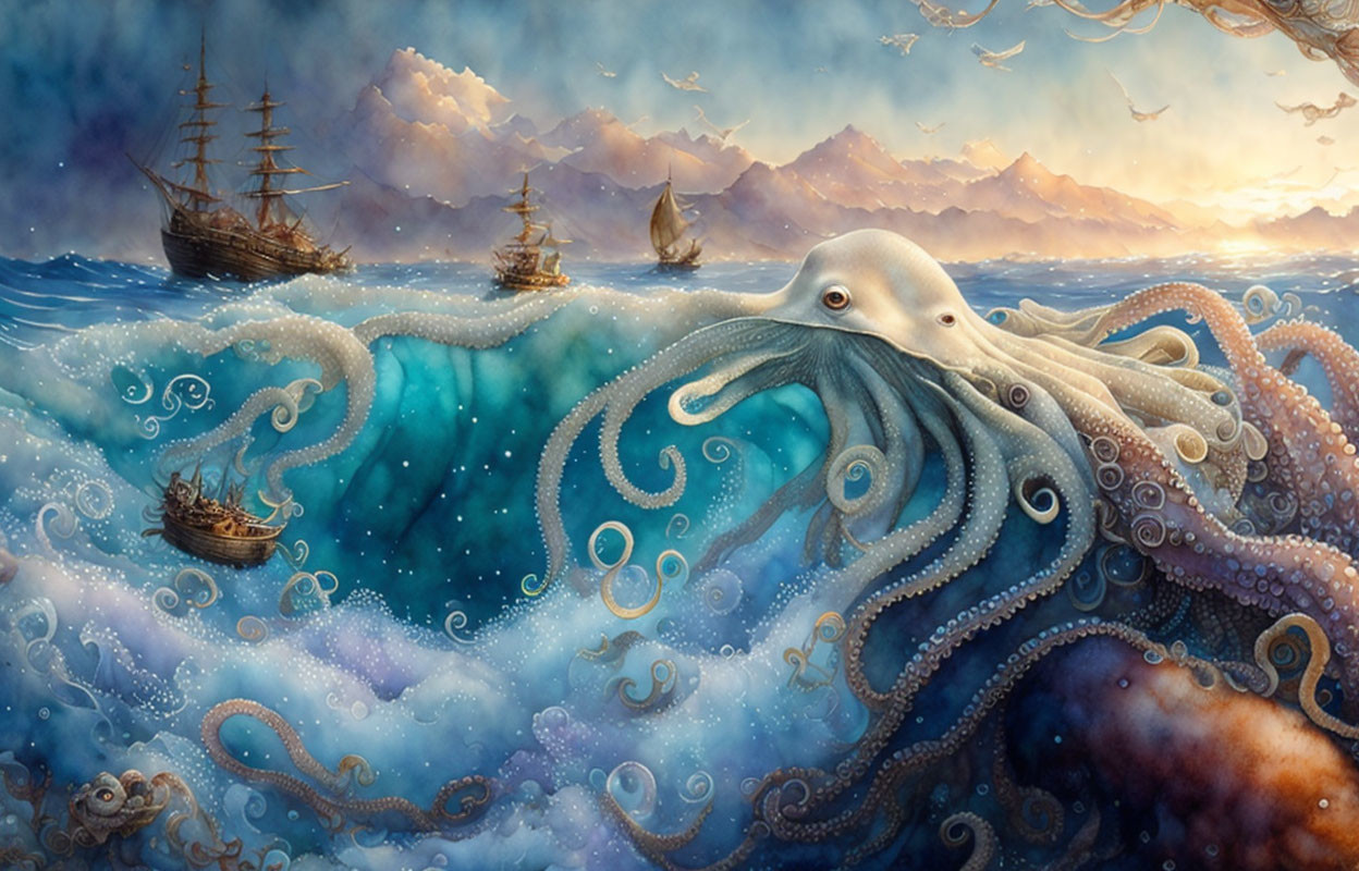 Giant octopus entwines ships in twilight seascape