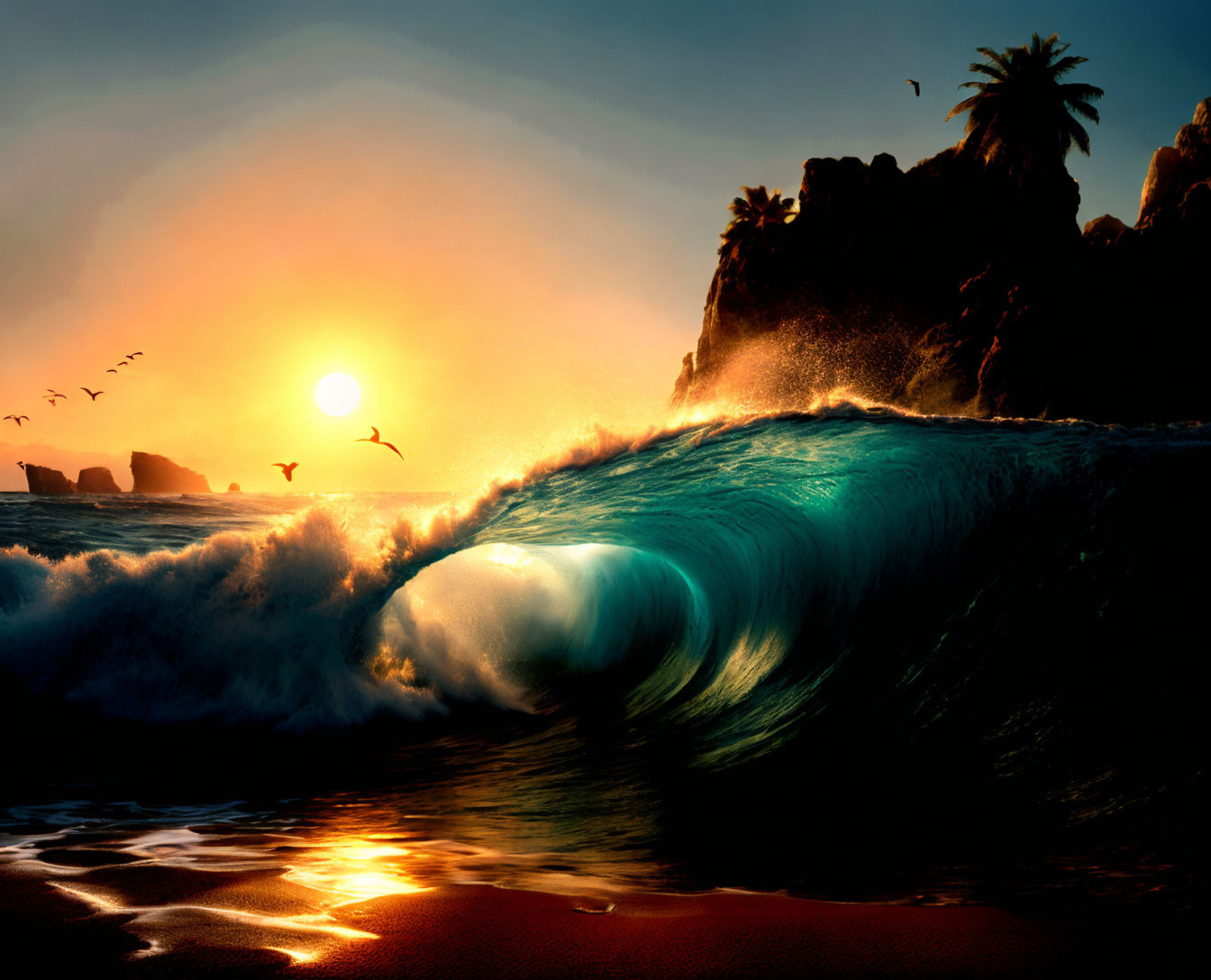 Vivid ocean sunset with curling wave, palm tree silhouettes, and birds in dramatic sky