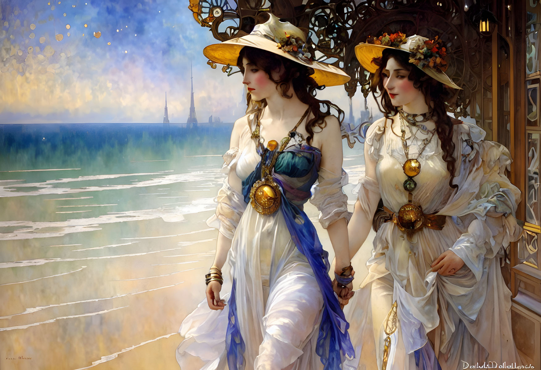 Vintage elegant women in flowing dresses by scenic water and tower.