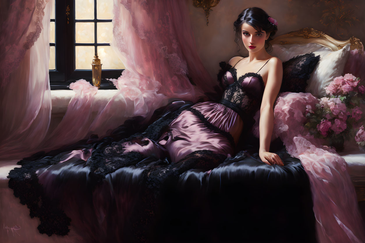 Woman in elegant lingerie on luxurious chaise longue surrounded by pink drapery and flowers