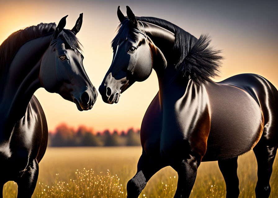 Majestic black horses in a sunset field with warm light