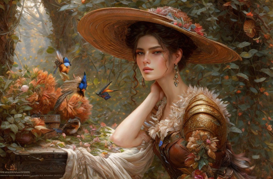 Digital artwork of woman in broad-brimmed hat and ornate clothing with lush foliage and butterflies.