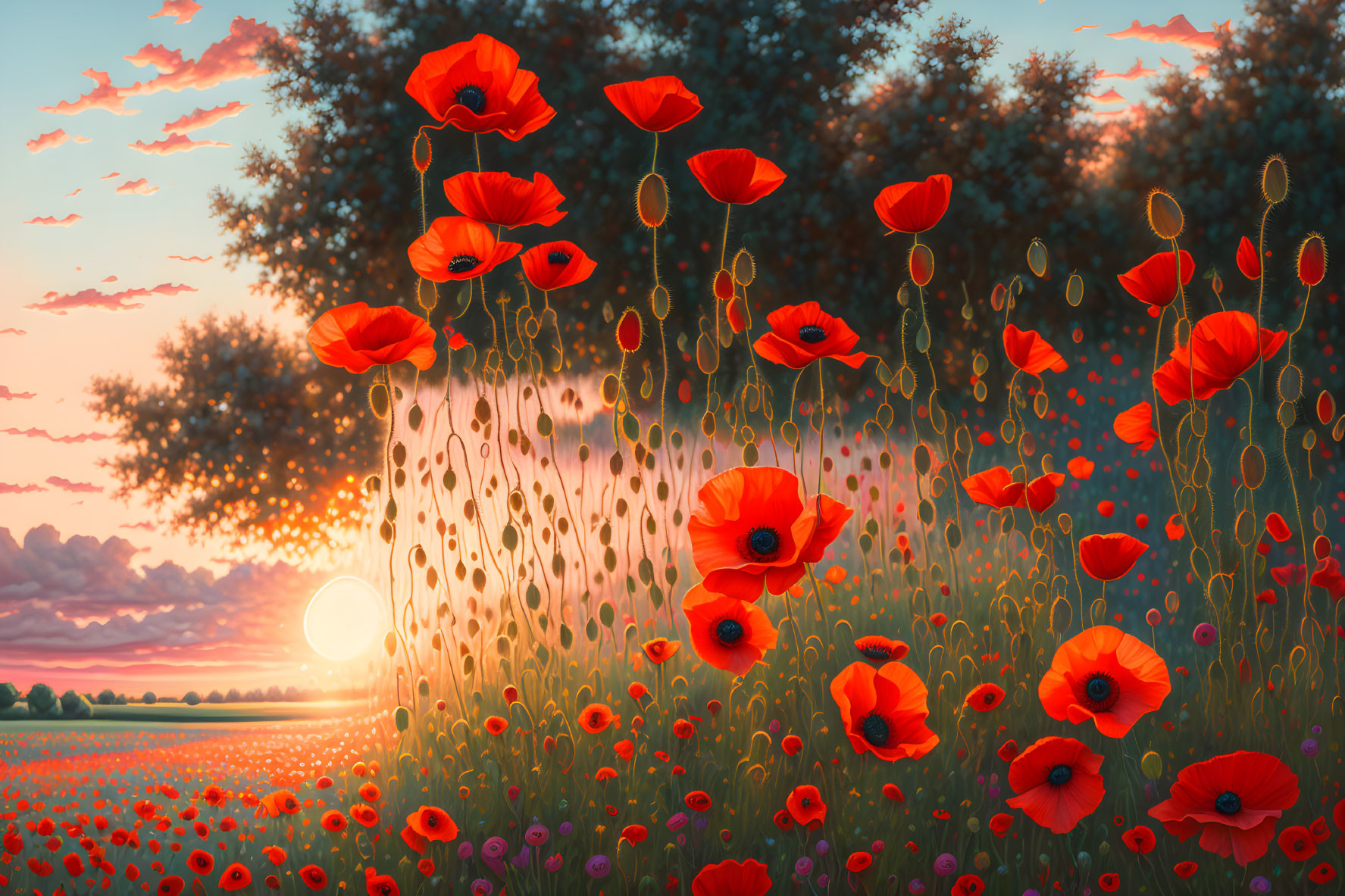 Tranquil countryside sunset with vibrant poppies and orange sky