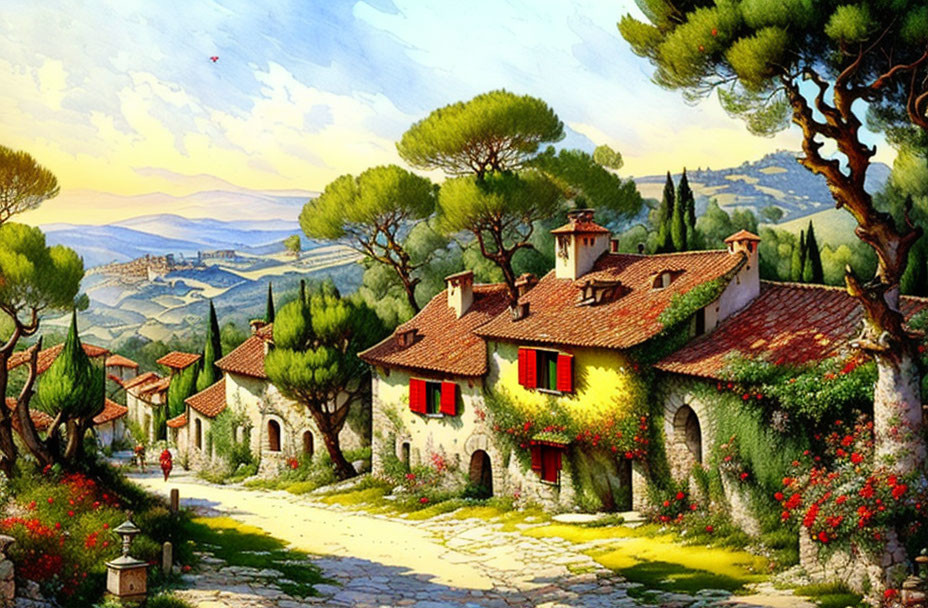 Stone houses and red roofs in scenic village setting with lush greenery and rolling hills