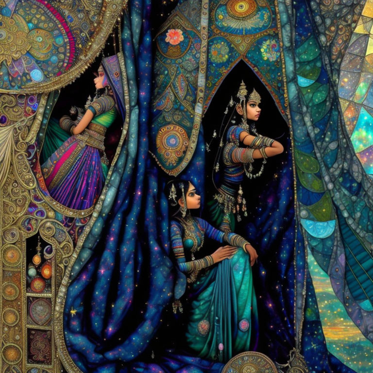 Three Women in Traditional Indian Attire Amid Ornate Archways on Starry Background