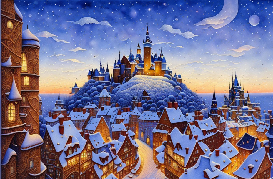 Snow-covered medieval town with warmly-lit castle at night