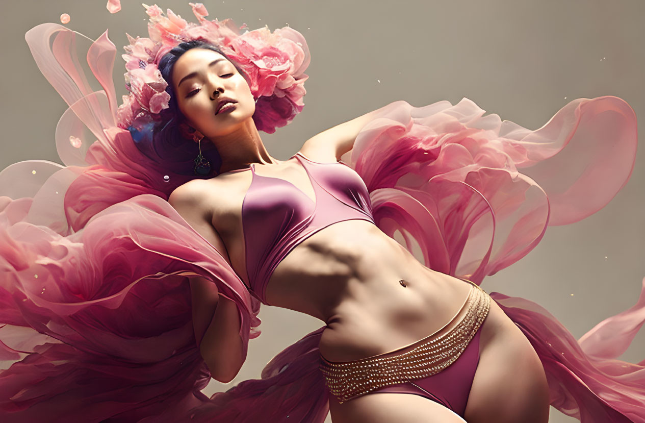 Woman in Pink Flowing Garments and Headpiece Posed Against Neutral Background