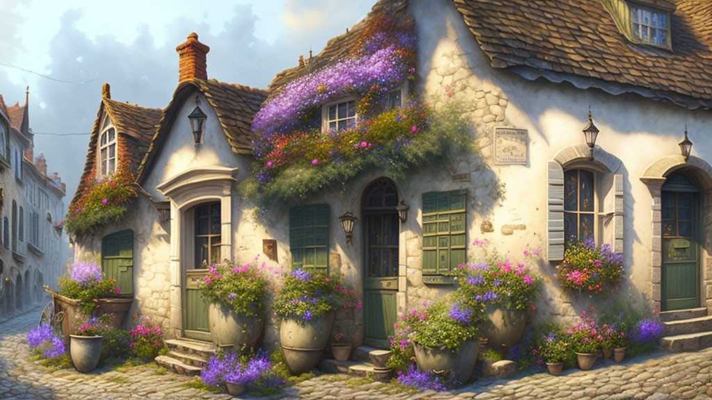 Picturesque cobblestone street lined with colorful flowers and cottages under sunlight