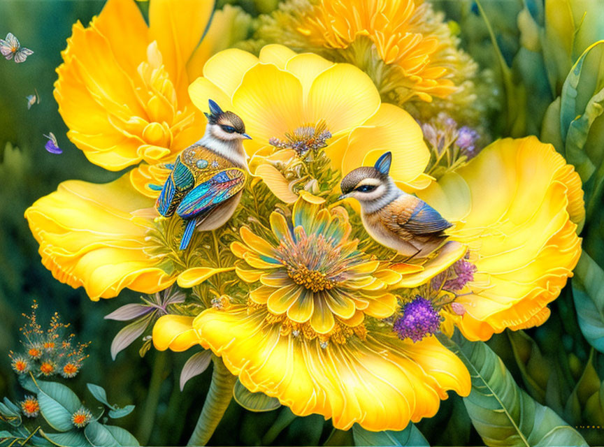 Colorful Birds on Yellow Flower with Greenery and Butterflies