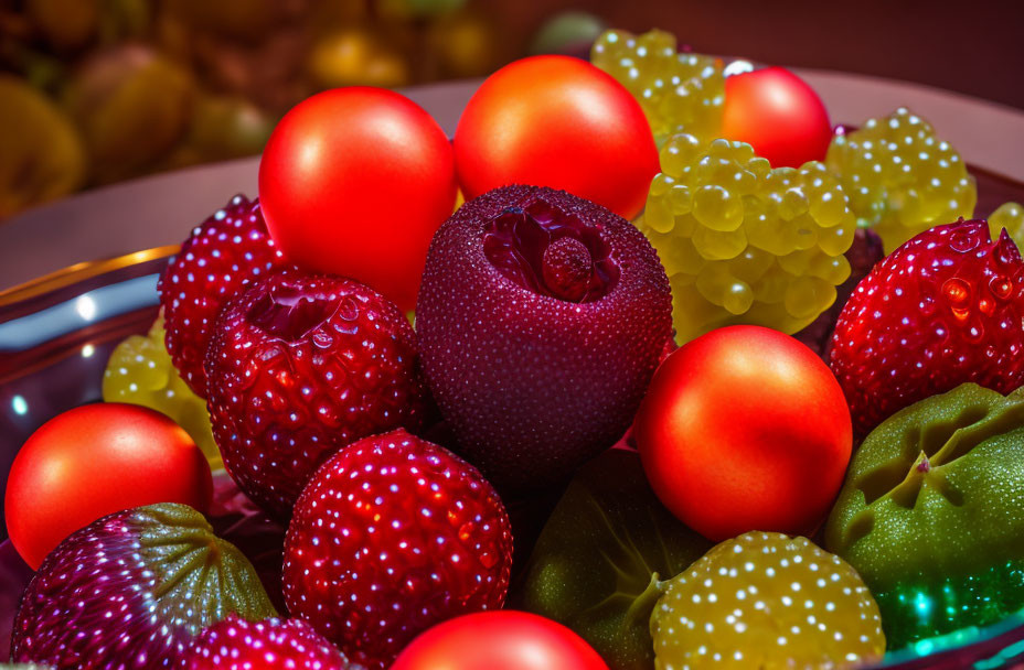 Colorful Display of Artificial Fruits: Red Strawberries, Green Grapes, and Tomatoes