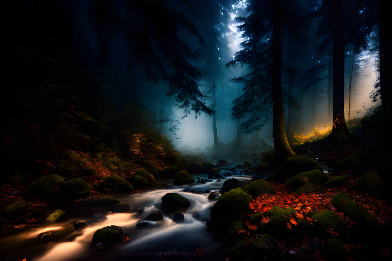 Ethereal forest scene with mist, brook, moss-covered rocks, red autumn leaves, mystical