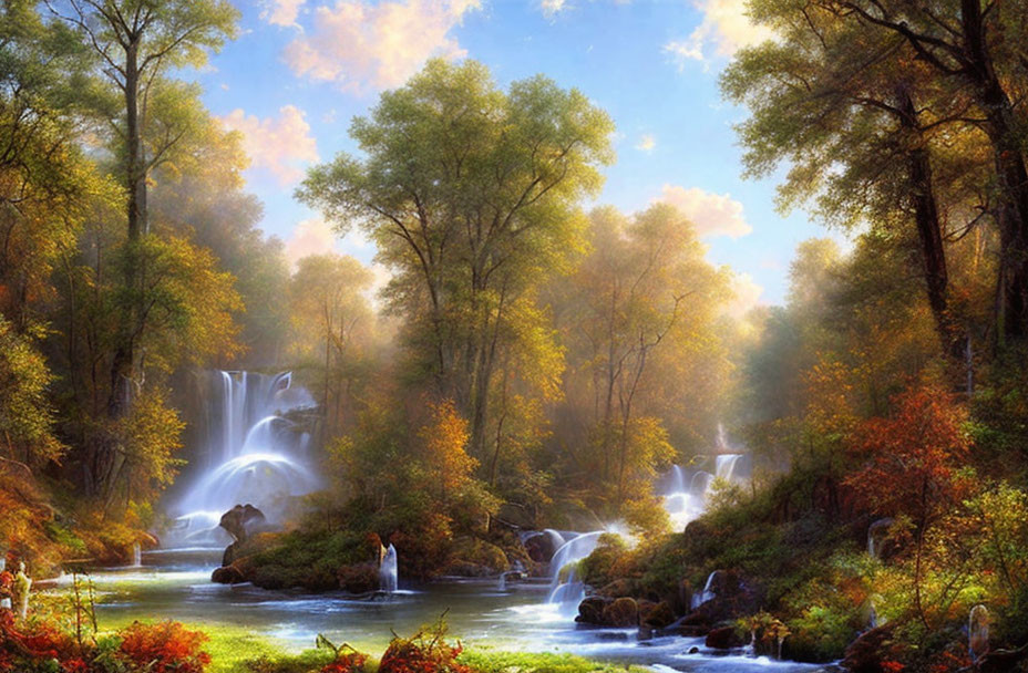 Vibrant forest waterfall with sunlight and mist