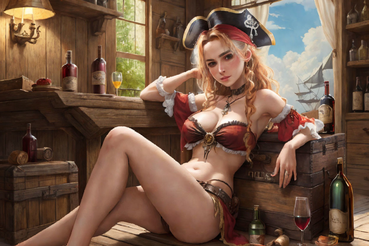 Female pirate portrait in wooden cabin with ship view