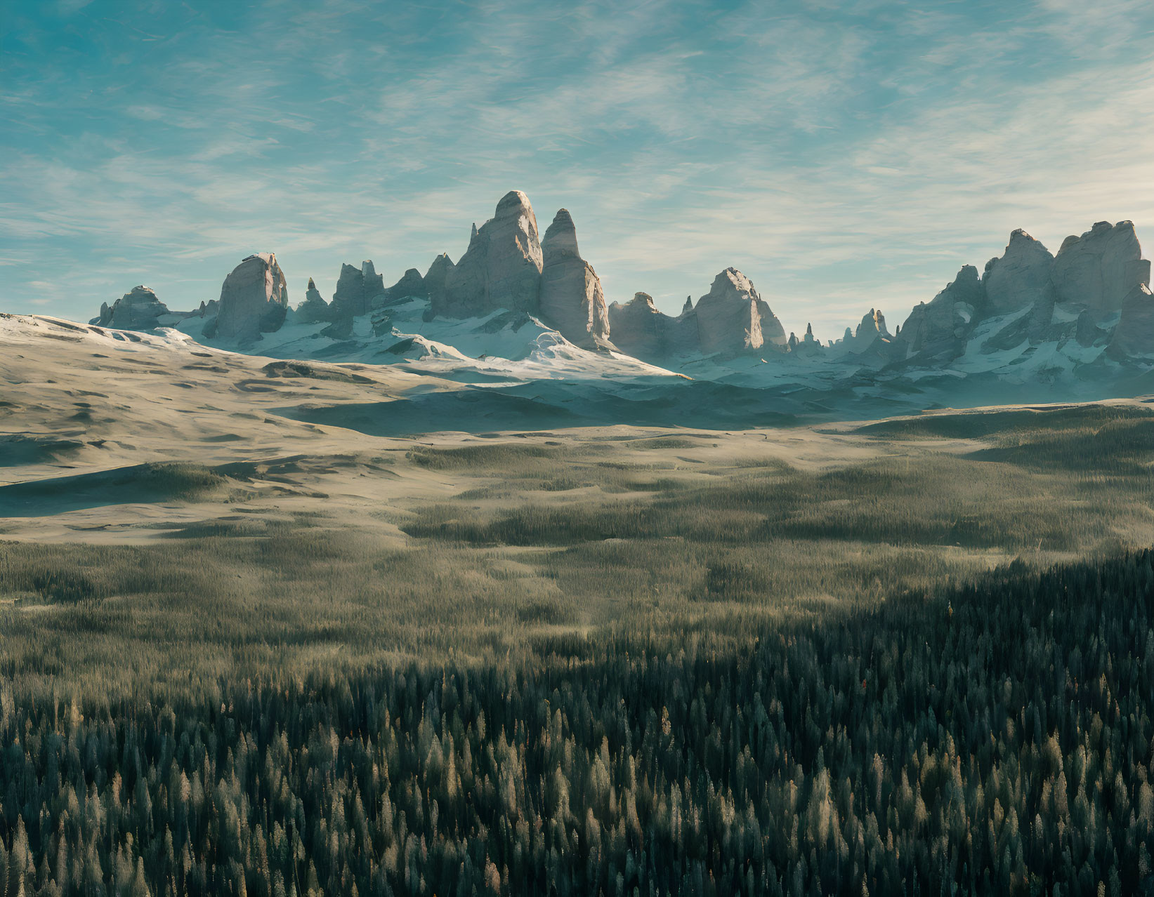 Snow-capped mountain peaks and forest landscape under clear blue sky