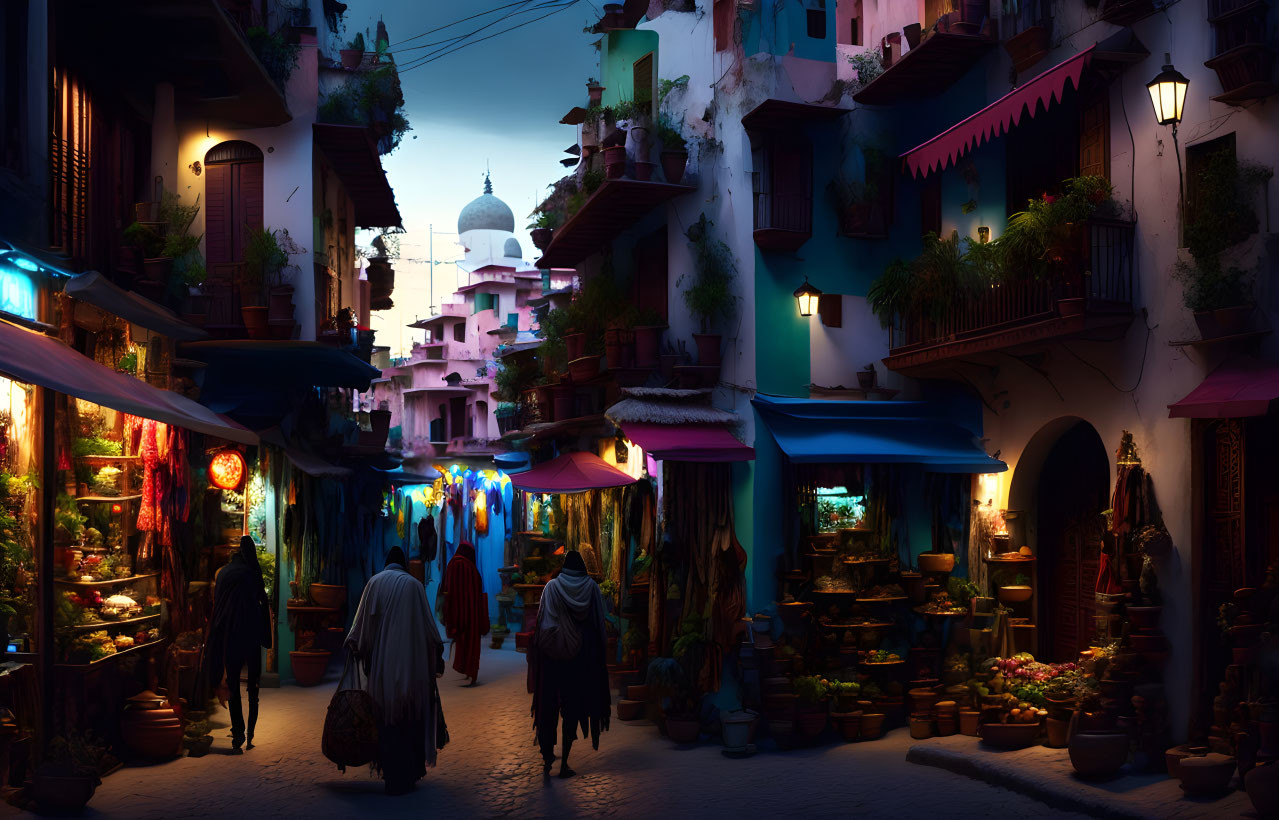 Vibrant evening market street with colorful shops and mosque at twilight