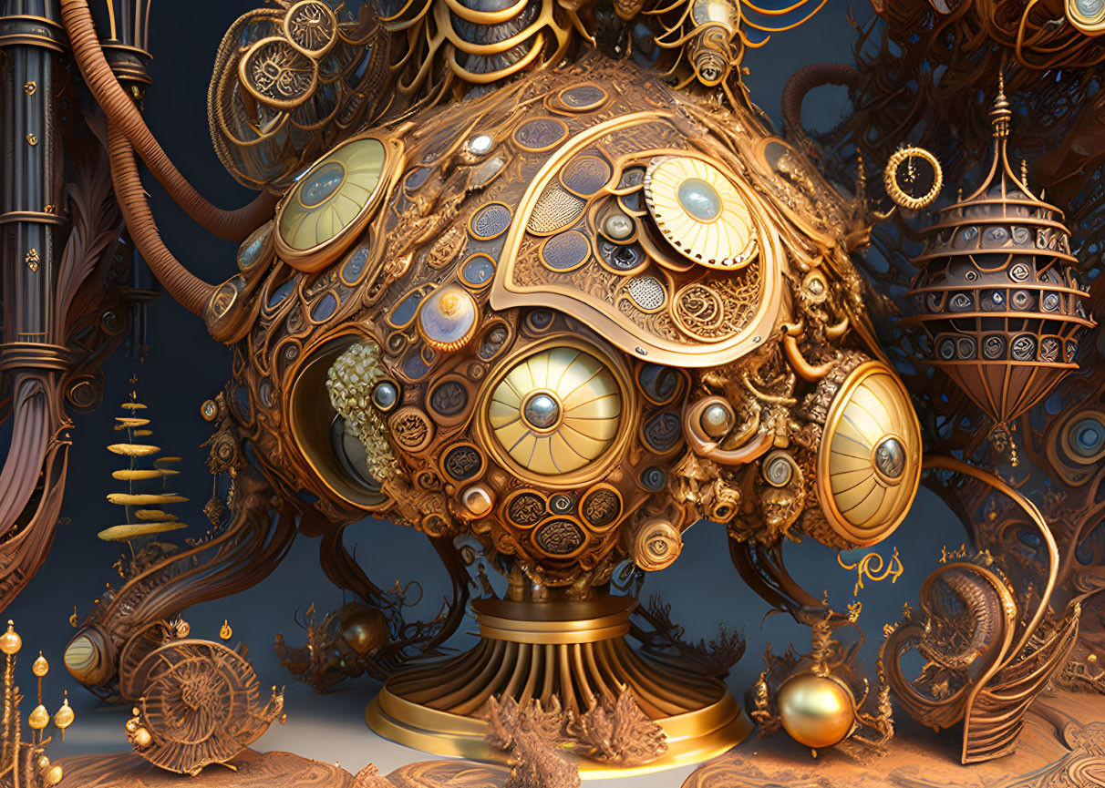 Intricate Steampunk Sculpture with Gears and Cogs in Bronze Palette