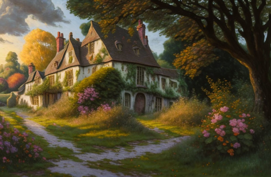 Charming old cottage in lush greenery at sunset