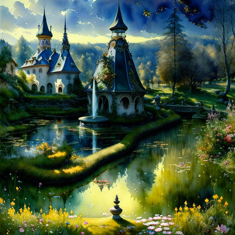 Fairytale landscape with whimsical towers and spires by reflective pond