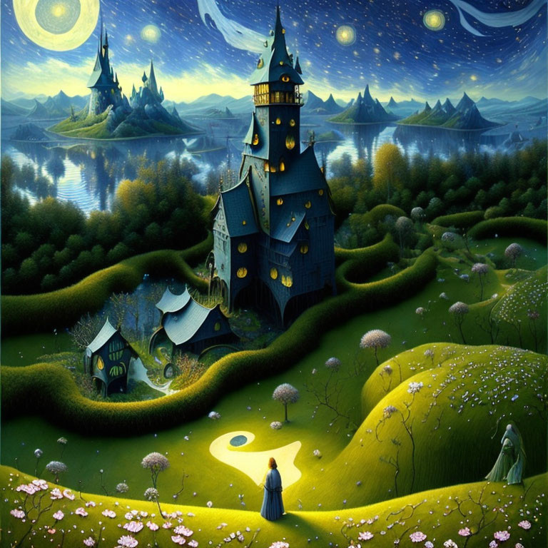 Whimsical castles, winding path, luminous flowers in nighttime landscape