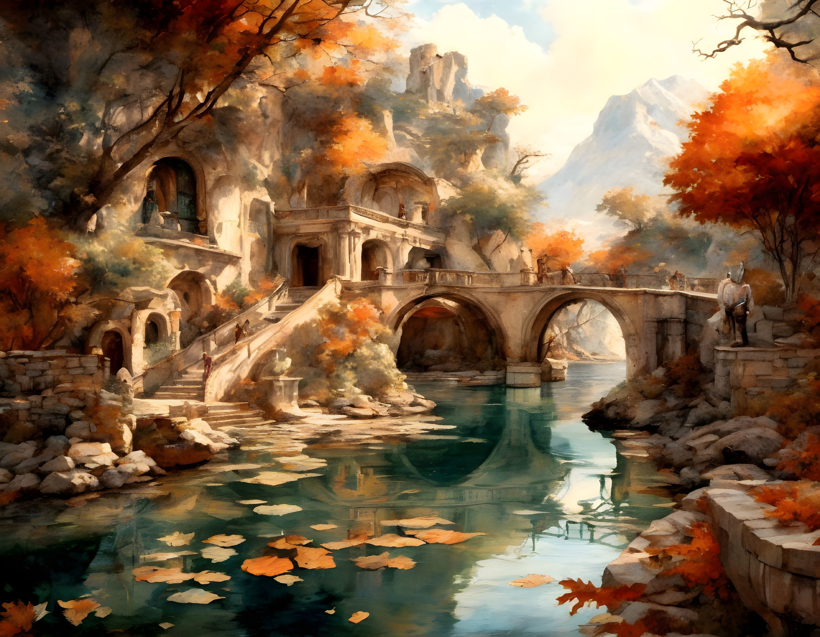 Ancient stone buildings, arched bridge, river, autumn foliage, mountains.