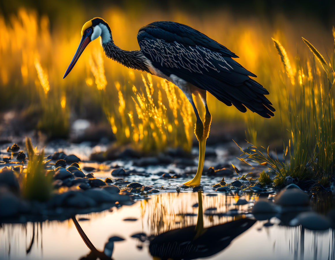 Yellow-Billed Stork in Shallow Water at Sunset