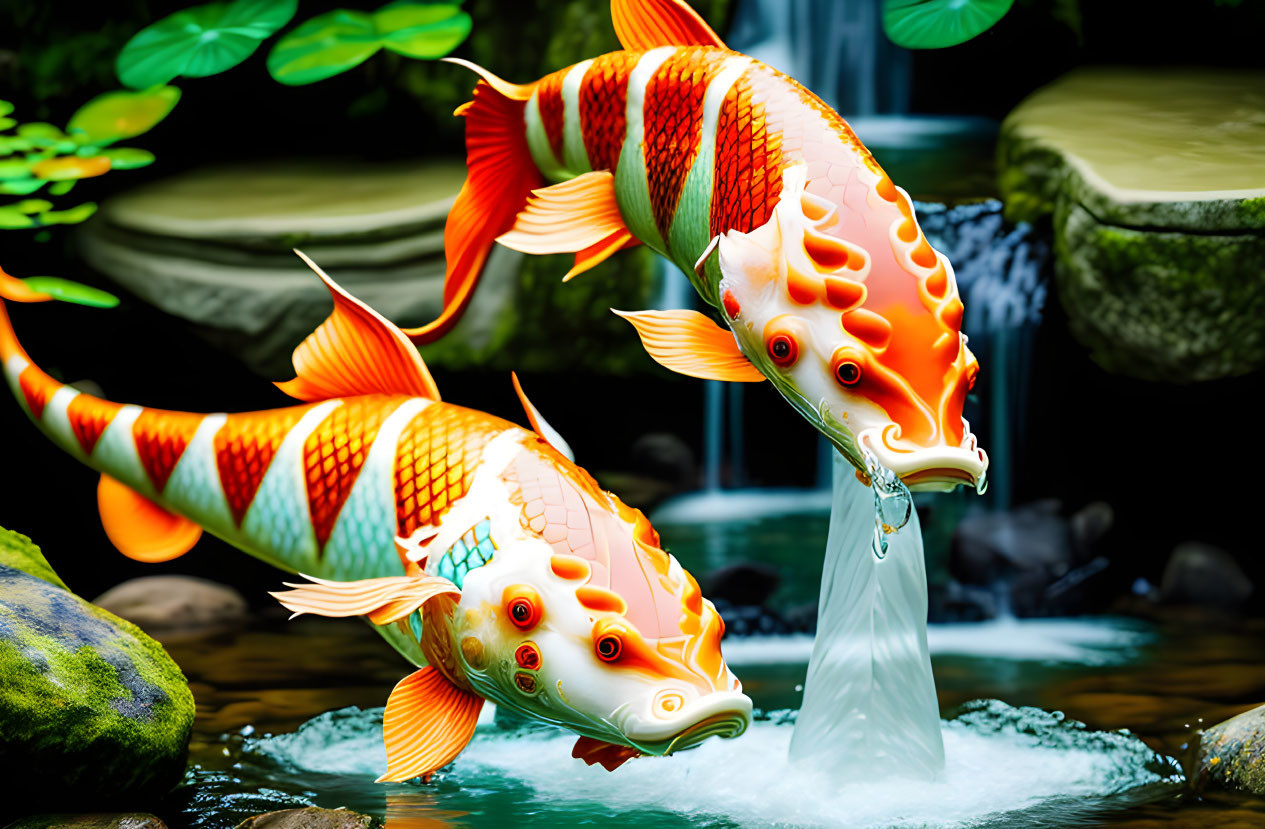 Digital artwork of ornate koi fish leaping above water with orange and white scales, lily