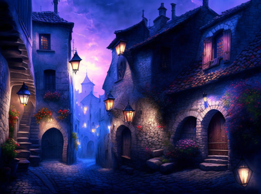 Cobblestone alley at twilight with glowing lanterns and climbing flowers