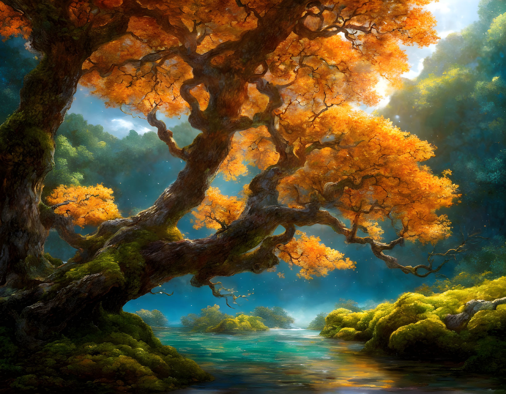 Enchanted forest scene with large golden-orange tree