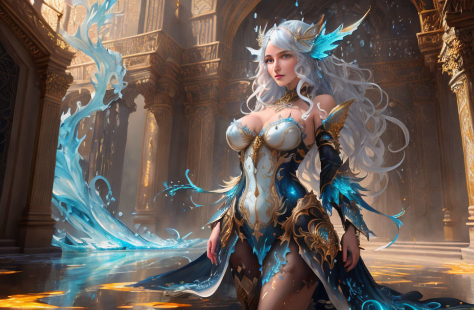 Fantasy illustration: Woman in white hair, blue and gold armor, with magical energy in opulent