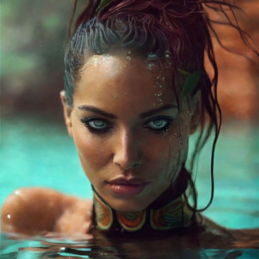 Woman with Green Eyes Emerges from Pool with Wet Hair