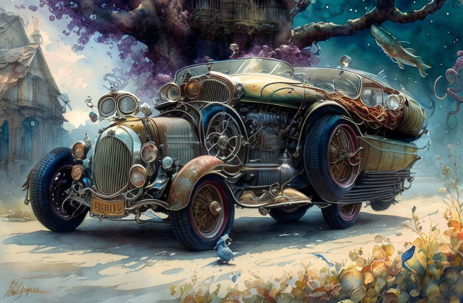 Detailed vintage car art with cosmic clouds and bird in whimsical background.