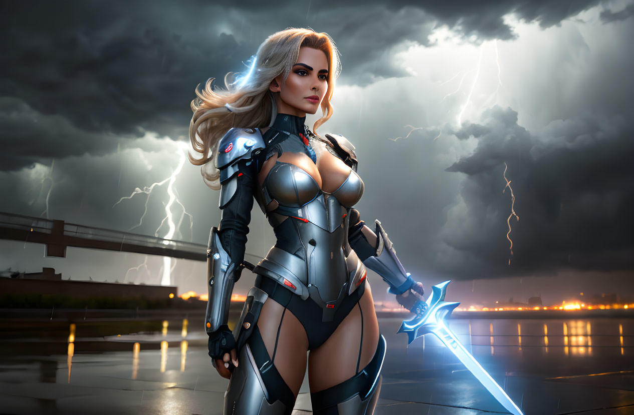 Female warrior digital art: futuristic armor, glowing sword, stormy sky.