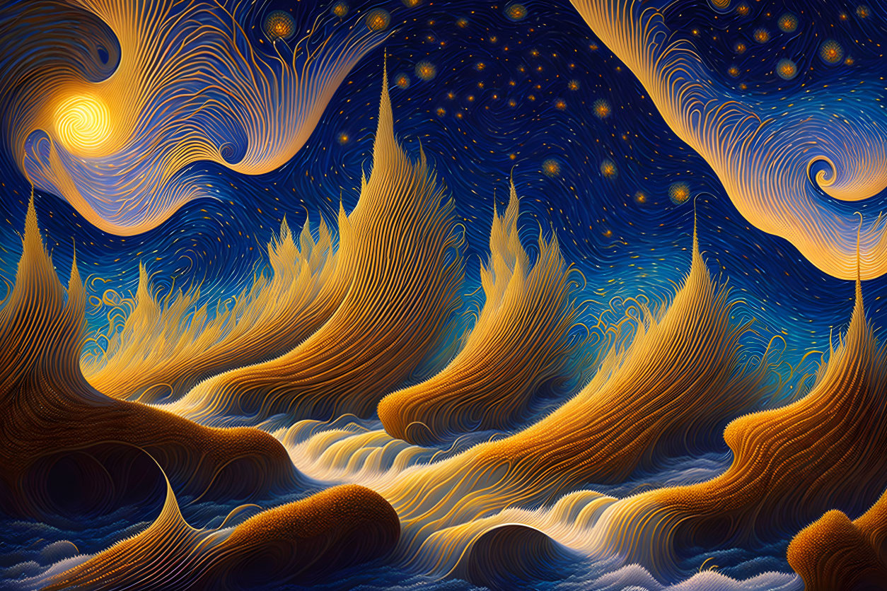 Abstract digital artwork: Blue and gold swirling patterns resembling starry night sky.