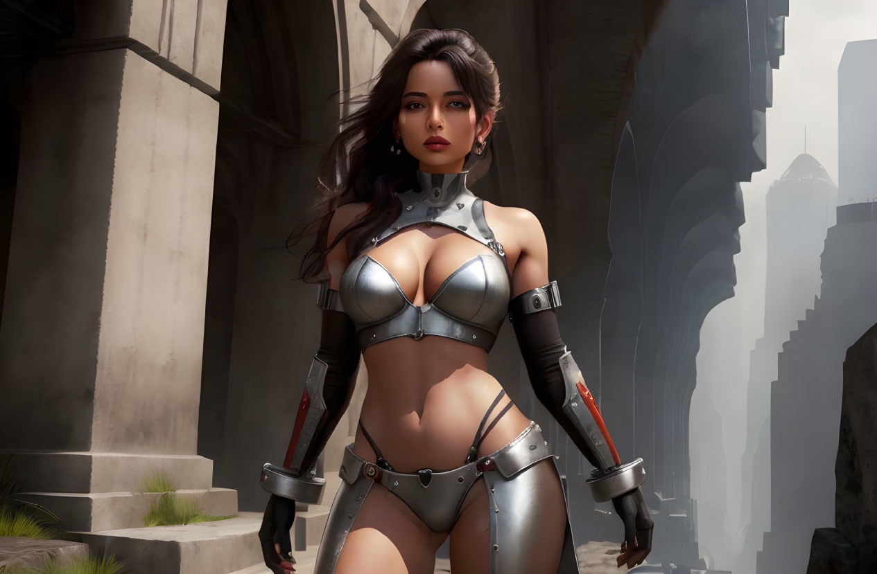 Futuristic female character in armor with collar, gauntlets, and holster.