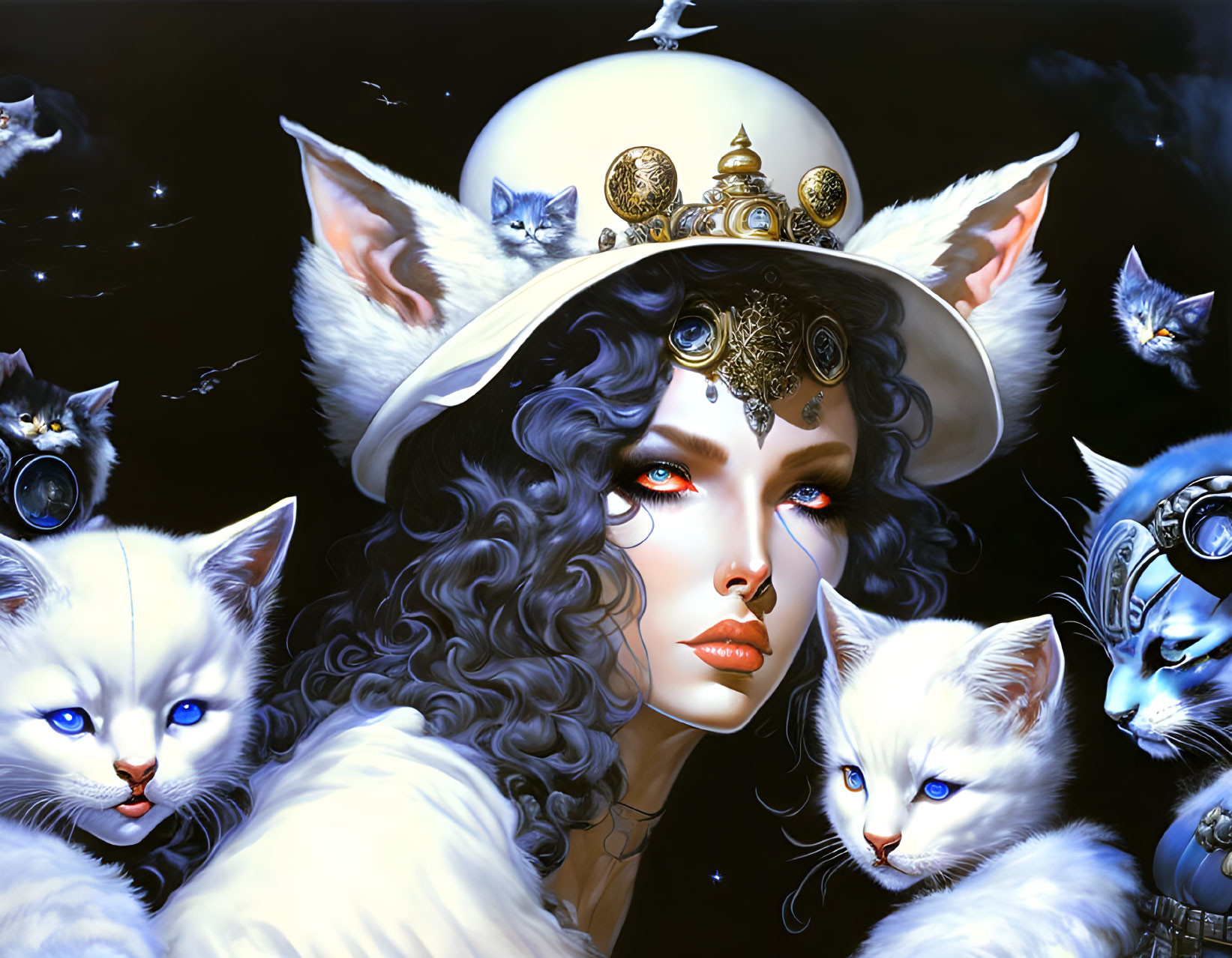 Steampunk-themed woman with curly hair and white cats on dark backdrop