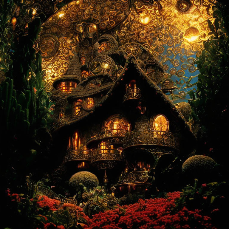 Fantasy house in lush garden with golden roofs and glowing lanterns