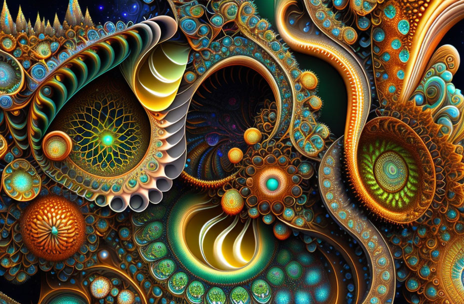 Colorful Fractal Art: Swirls, Spirals, Beaded Textures in Blues,