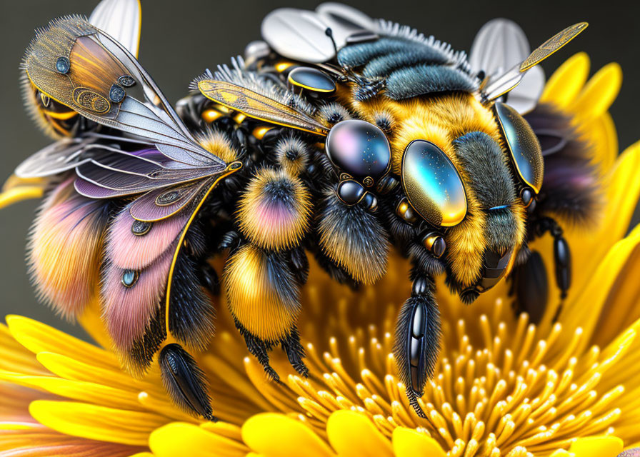 Hyper-realistic Digital Artwork: Bee with Iridescent Wings on Yellow Flower