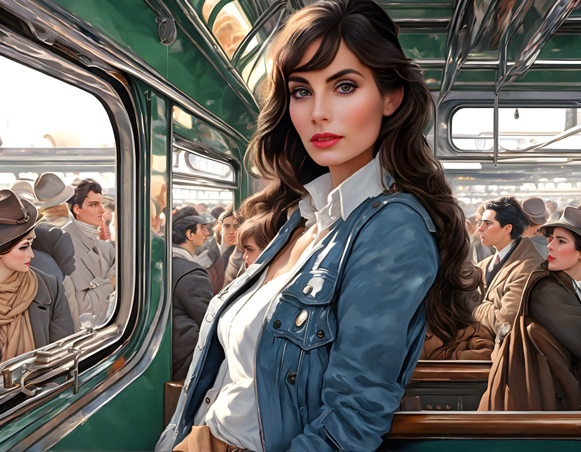 Illustrated woman in denim jacket gazes from train window amidst vintage travelers