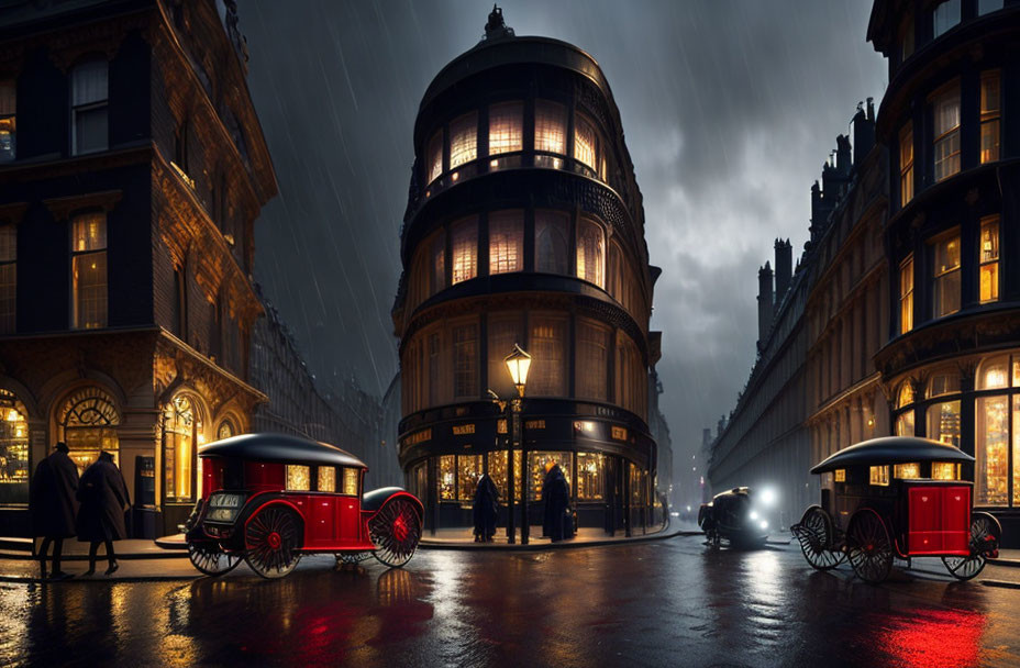 Vintage red cars and pedestrians in historic cityscape on a rainy evening