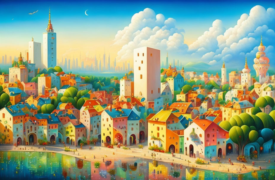 Vibrant cityscape with diverse architecture, serene riverfront, and clear sky