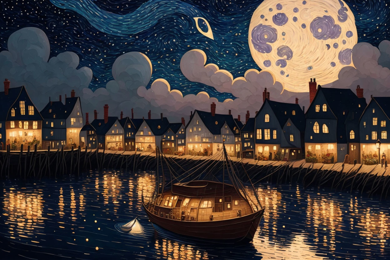 Moonlit nightscape with stylized clouds, boat on water, and quaint houses in warm glow