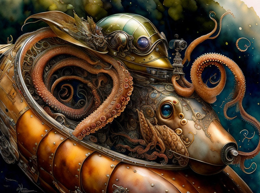 Steampunk-style squid submarine with metallic tentacles in underwater scene